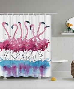 Vibrant And Artistic Flamingo Painting Shower Curtain With Birds And Flowers, Perfect Bathroom Decor For Animal Lovers