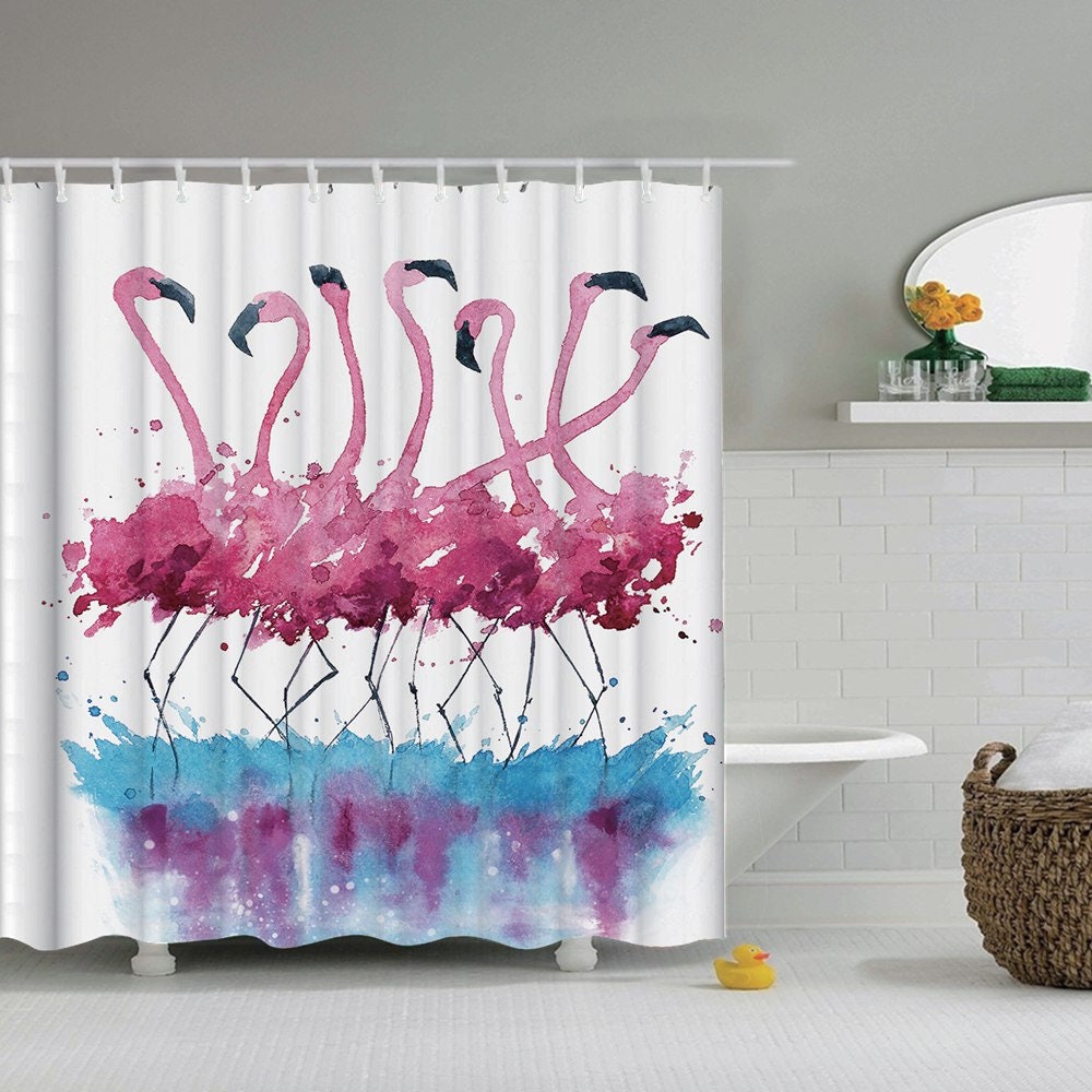 Vibrant And Artistic Flamingo Painting Shower Curtain With Birds And Flowers, Perfect Bathroom Decor For Animal Lovers