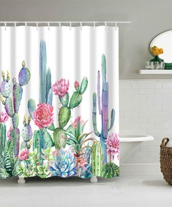 Vibrant And Lively Cactus Shower Curtain With Desert Tropical Plants-Purple Barbary Fig-Red Pink Floral Fuchsia Blossom