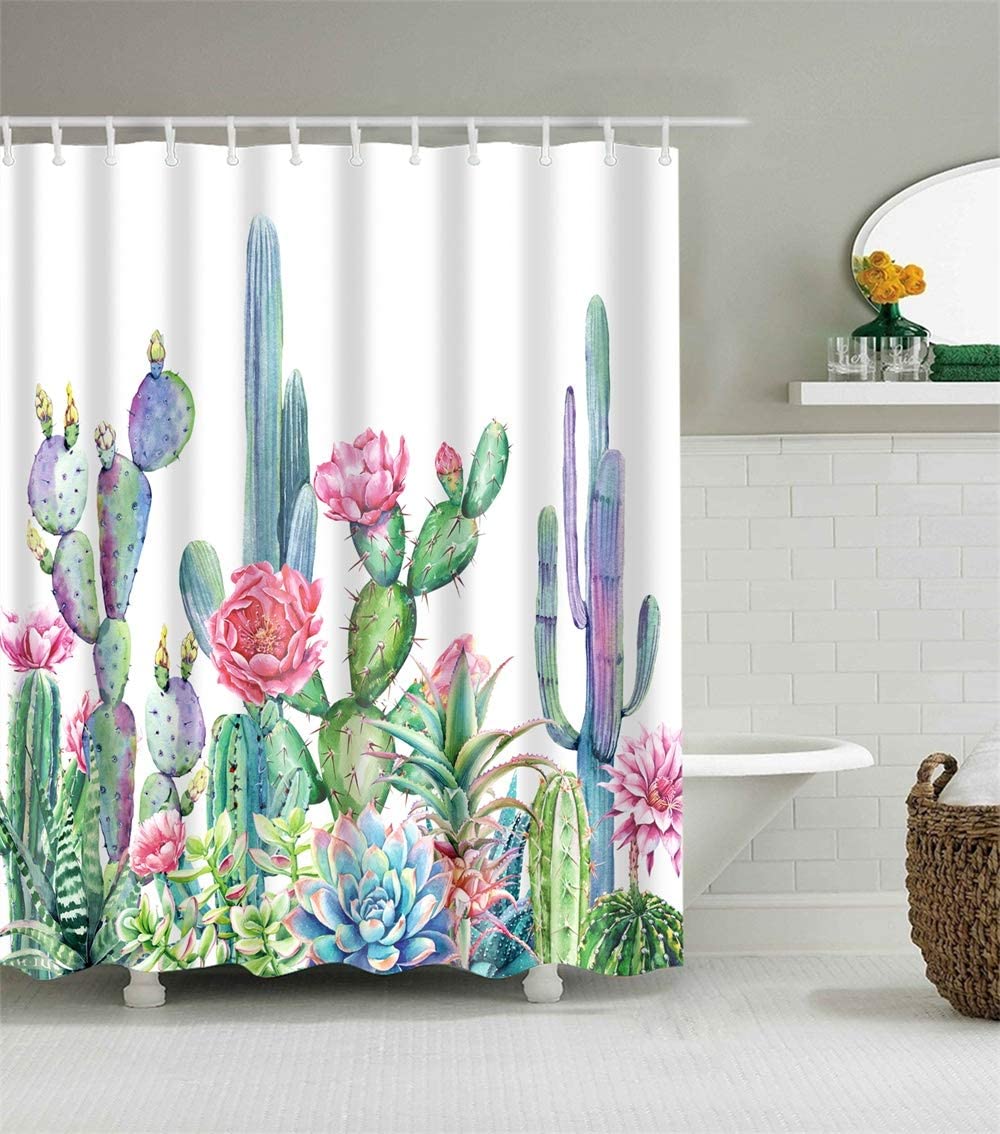 Vibrant And Lively Cactus Shower Curtain With Desert Tropical Plants-Purple Barbary Fig-Red Pink Floral Fuchsia Blossom