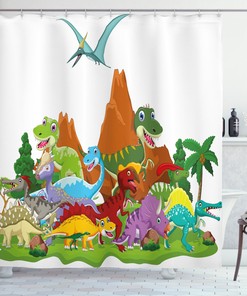 Vibrant And Playful Funny Creatures Trees Print Dinosaur Shower Curtain For A Unique And Quirky Bathroom Decor
