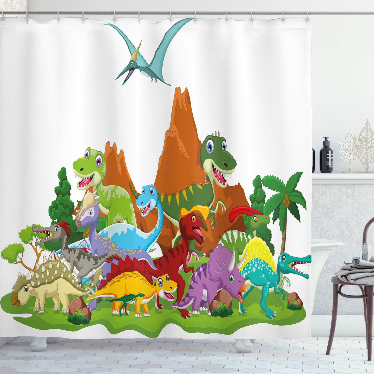 Vibrant And Playful Funny Creatures Trees Print Dinosaur Shower Curtain For A Unique And Quirky Bathroom Decor - Image 3