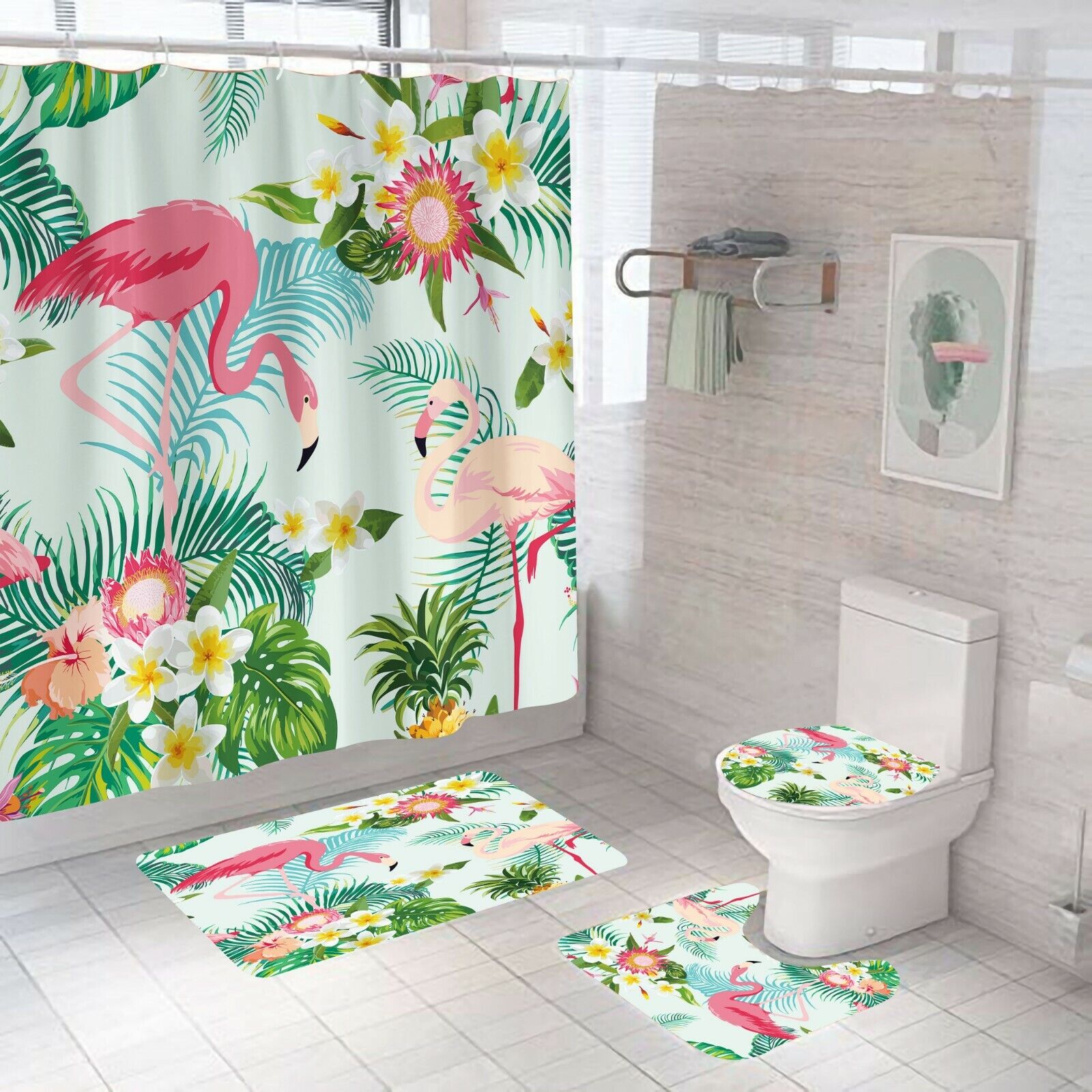 Vibrant And Waterproof Shower Curtain With A Playful Pink Flamingo Design, Perfect For Modern Bathroom Decor