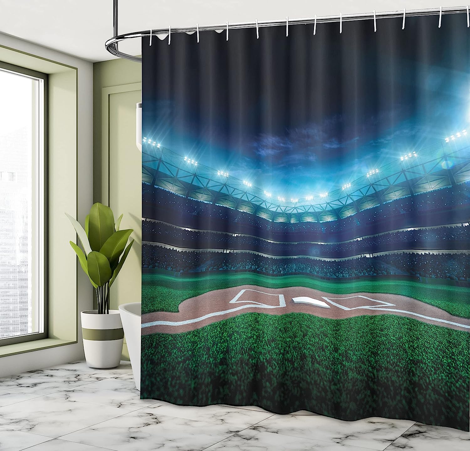 Vibrant Baseball Stadium Shower Curtain In Green And Blue - Image 4