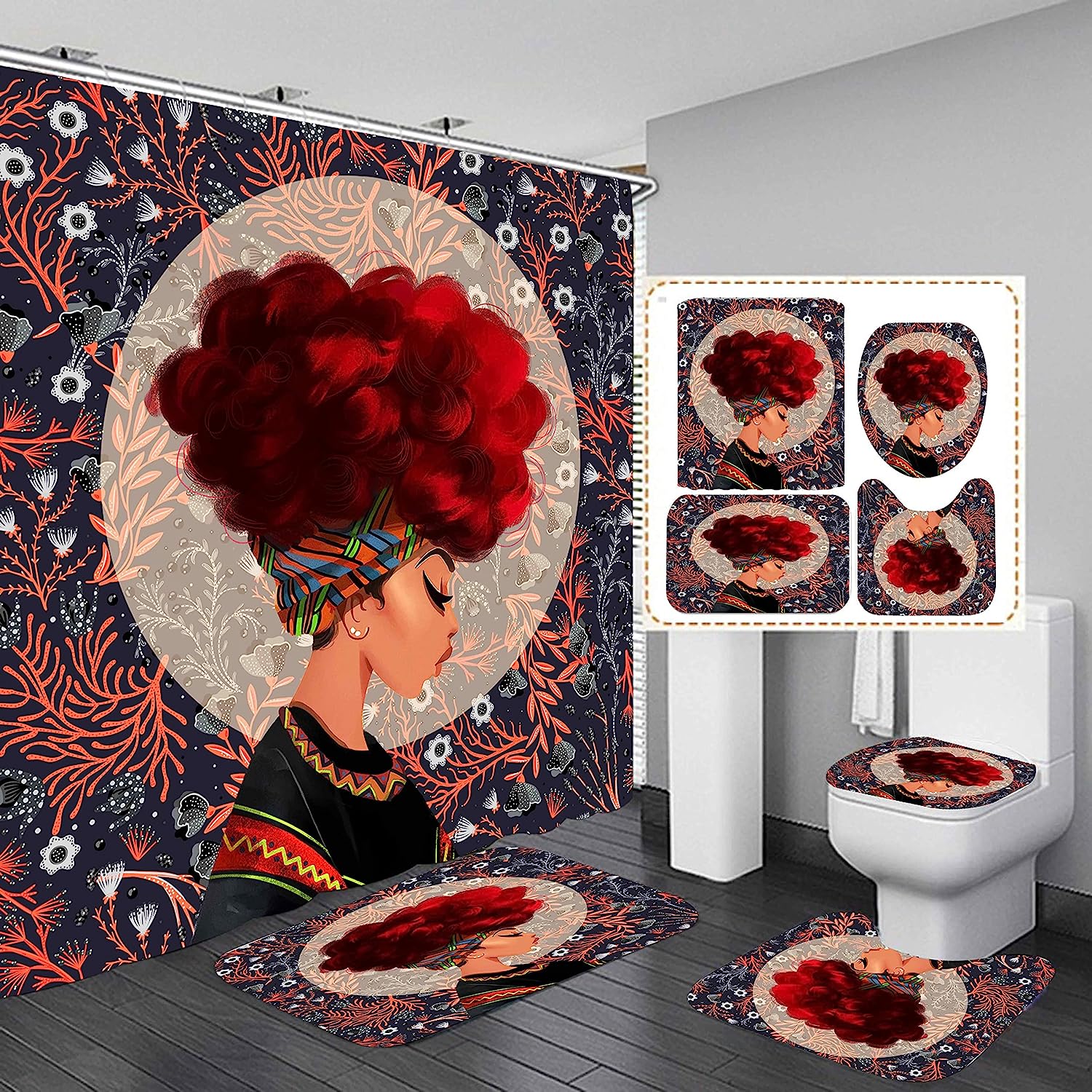 Vibrant Black Girl Bathroom Decor Set With African American Shower Curtain