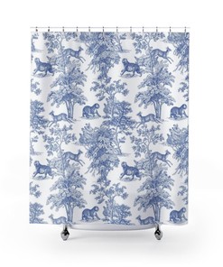 Vibrant Blue White Jungle Leaves Shower Curtain with Contemporary Toile de Jouy Art 