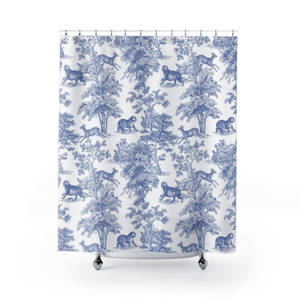 Vibrant Blue White Jungle Leaves Shower Curtain with Contemporary Toile de Jouy Art