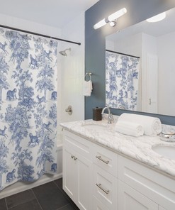 Vibrant Blue White Jungle Leaves Shower Curtain with Contemporary Toile de Jouy Art