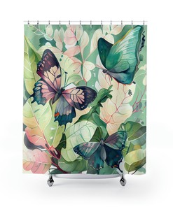 Vibrant Botanical Print Butterfly Garden Watercolor Shower Curtain For Refreshing Bathroom Decor