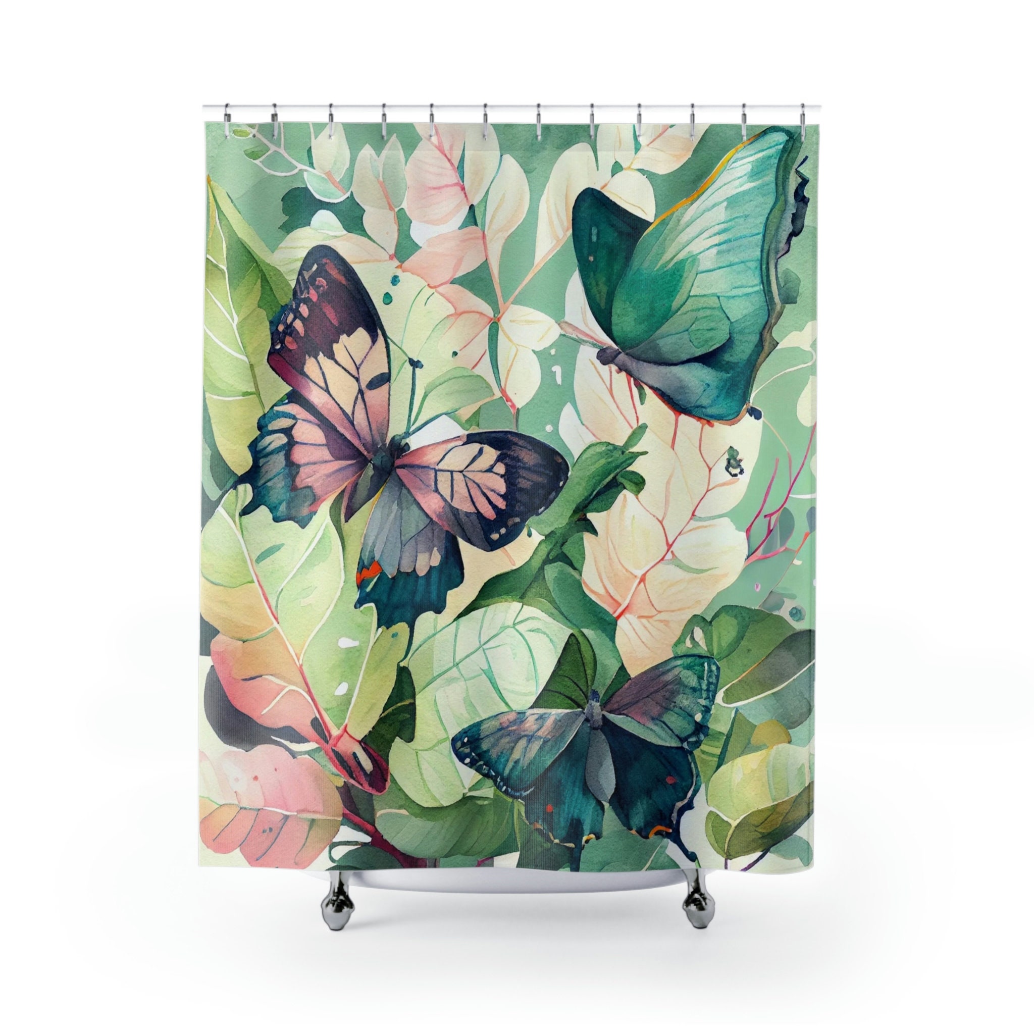 Vibrant Botanical Print Butterfly Garden Watercolor Shower Curtain For Refreshing Bathroom Decor