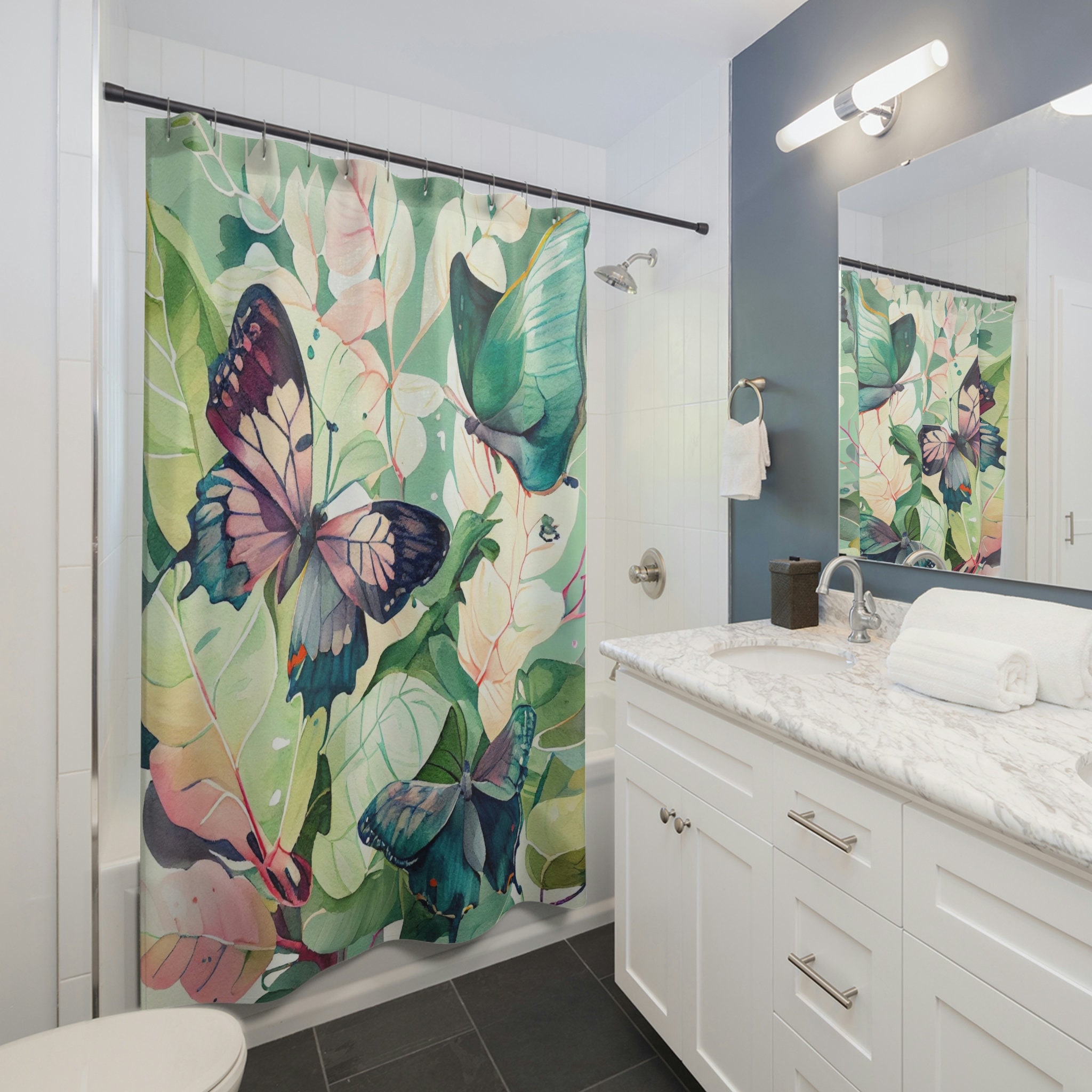 Vibrant Botanical Print Butterfly Garden Watercolor Shower Curtain For Refreshing Bathroom Decor - Image 2