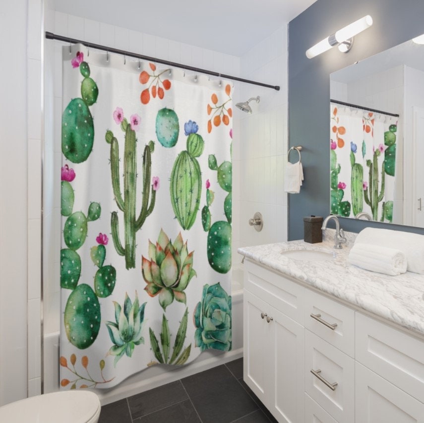 Vibrant Cactus Bath Curtain With Succulent Shower Design For Farmhouse Decor - Image 2