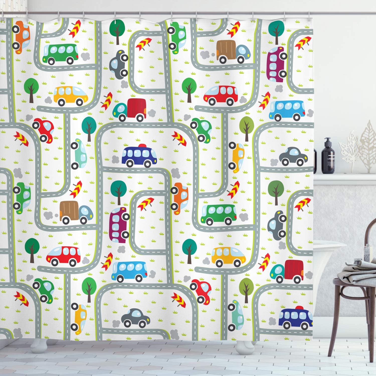 Vibrant Cars Driving On Roads Traffic Urban Themed Shower Curtain - Cloth Fabric Bathroom Decors