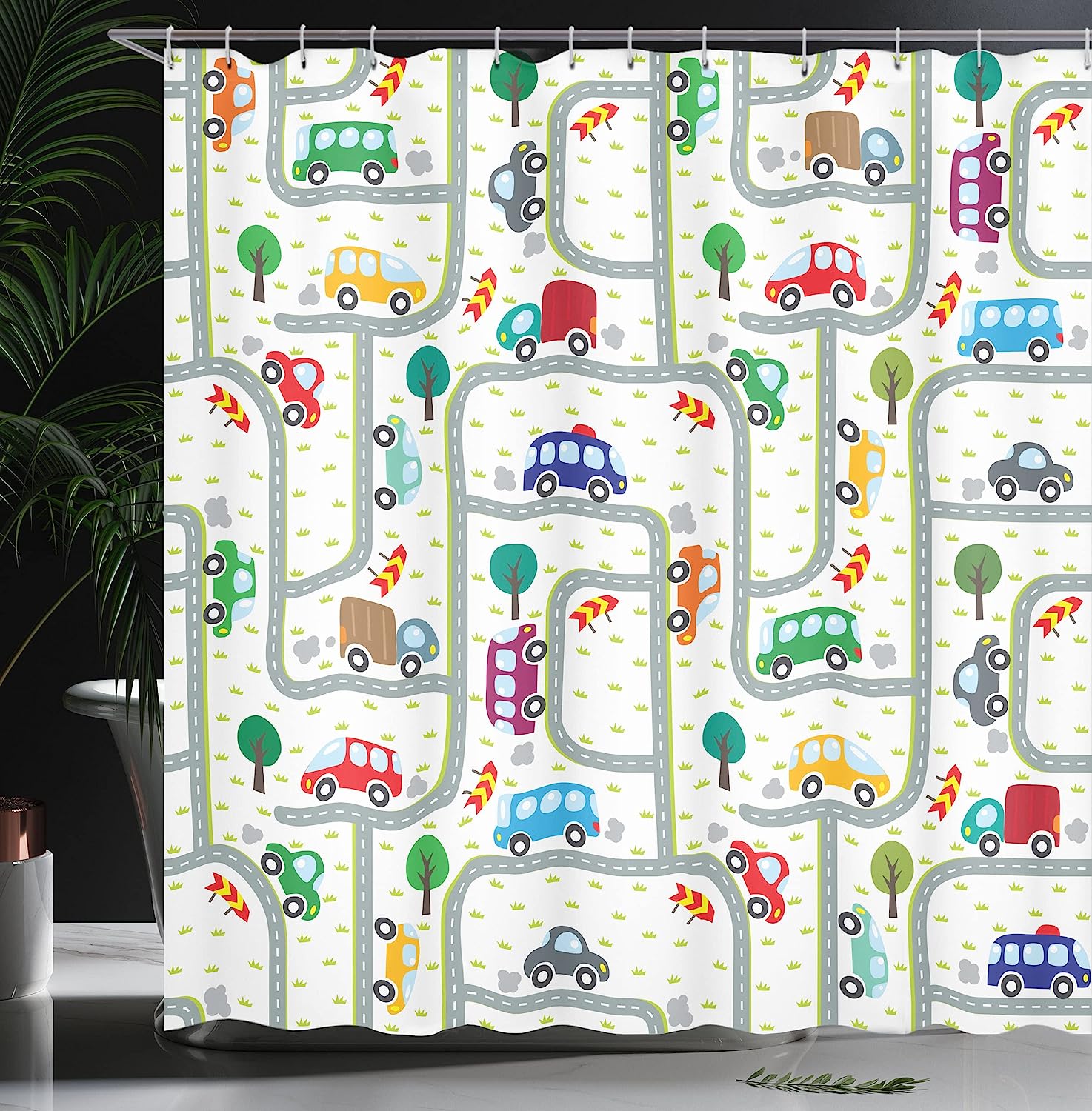 Vibrant Cars Driving On Roads Traffic Urban Themed Shower Curtain - Cloth Fabric Bathroom Decors - Image 3