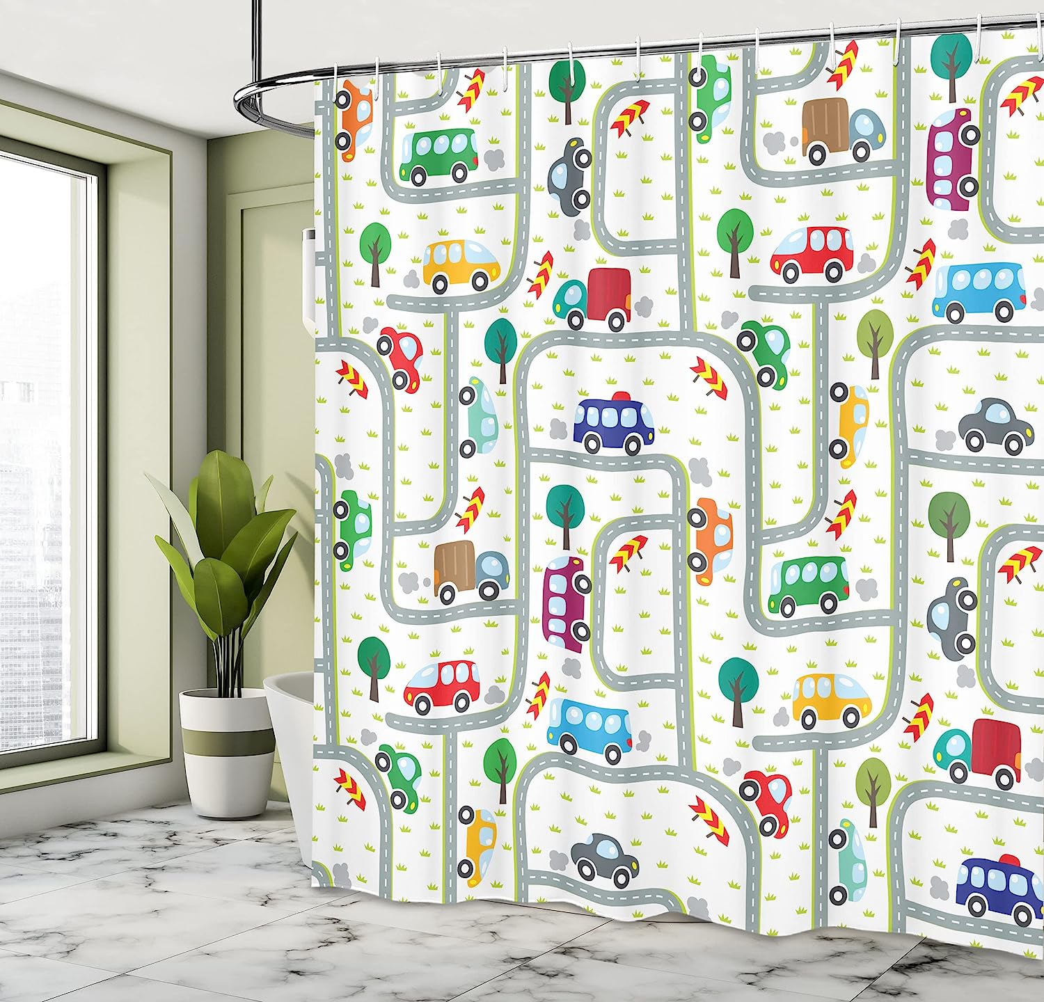 Vibrant Cars Driving On Roads Traffic Urban Themed Shower Curtain - Cloth Fabric Bathroom Decors - Image 4