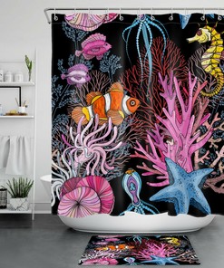 Vibrant Cartoons Tropical Fish Octopus Coral Starfish Shower Curtain For Seaside Bathroom