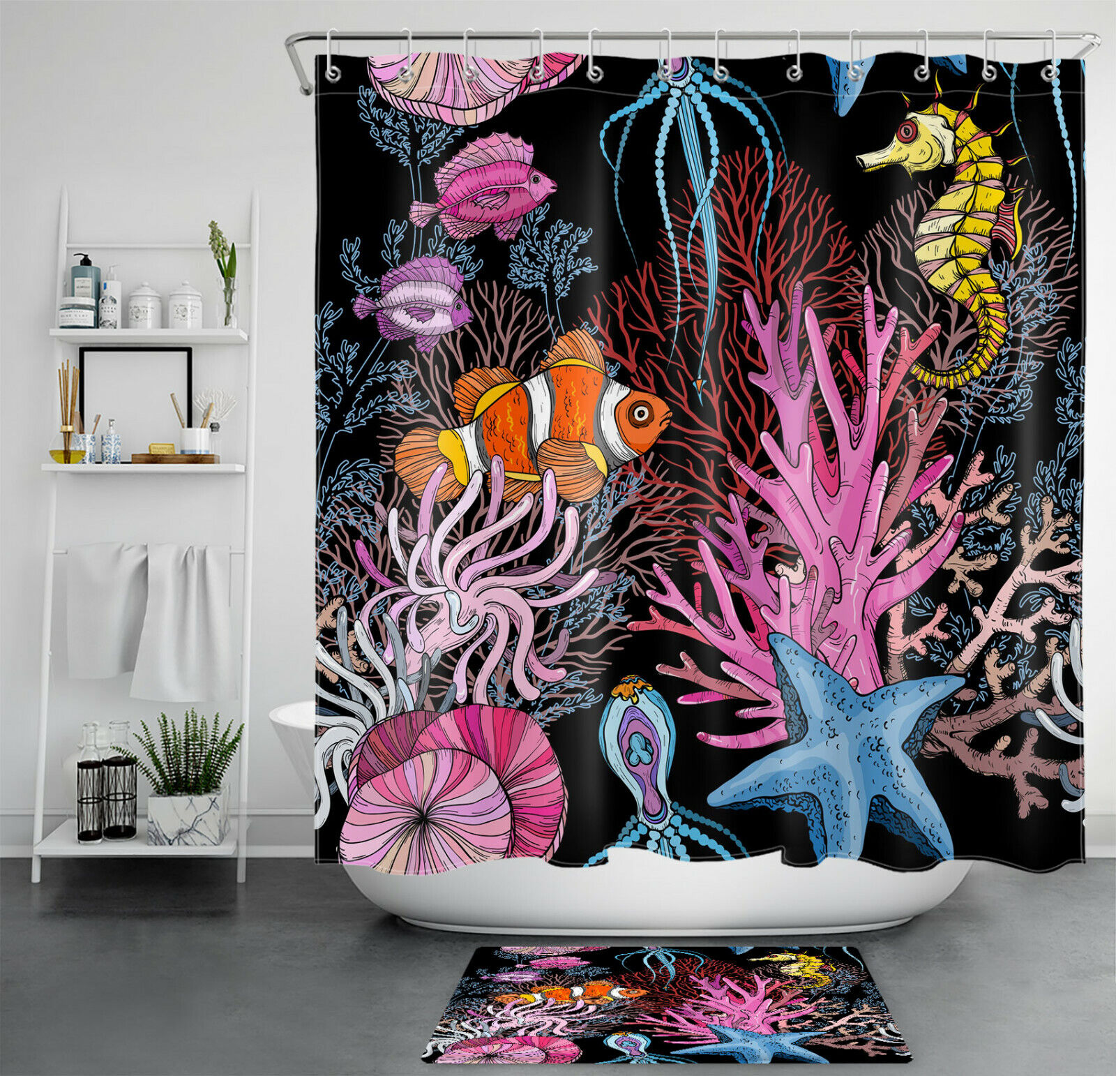 Vibrant Cartoons Tropical Fish Octopus Coral Starfish Shower Curtain For Seaside Bathroom