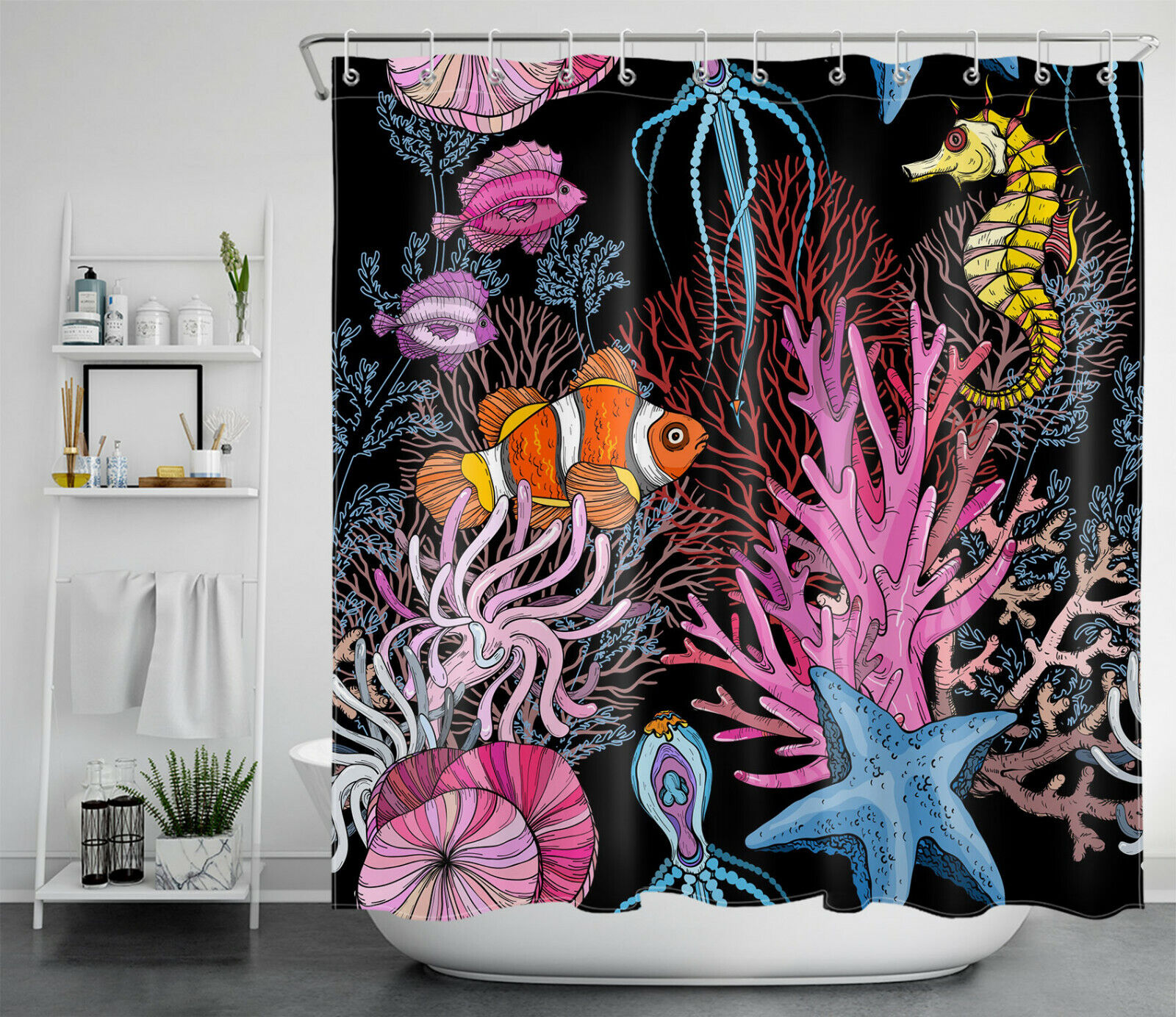 Vibrant Cartoons Tropical Fish Octopus Coral Starfish Shower Curtain For Seaside Bathroom - Image 2