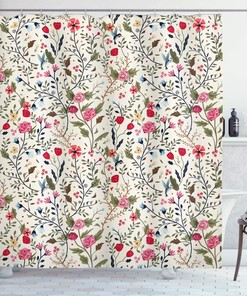 Vibrant Colored Complex Image Birds And Roses Shower Curtain, Leaves And Polka Dots Nature Scenery Bathroom Decors
