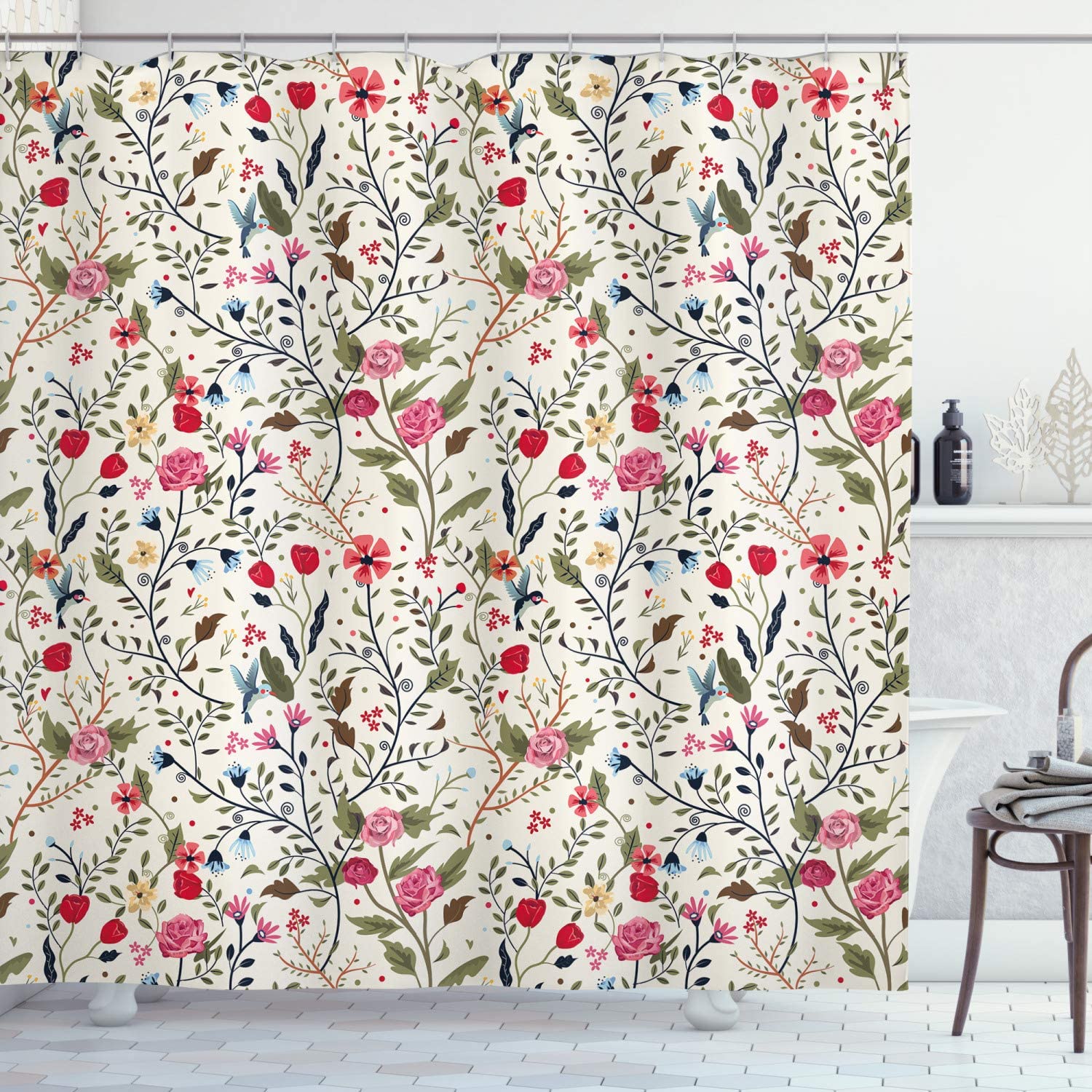 Vibrant Colored Complex Image Birds And Roses Shower Curtain, Leaves And Polka Dots Nature Scenery Bathroom Decors