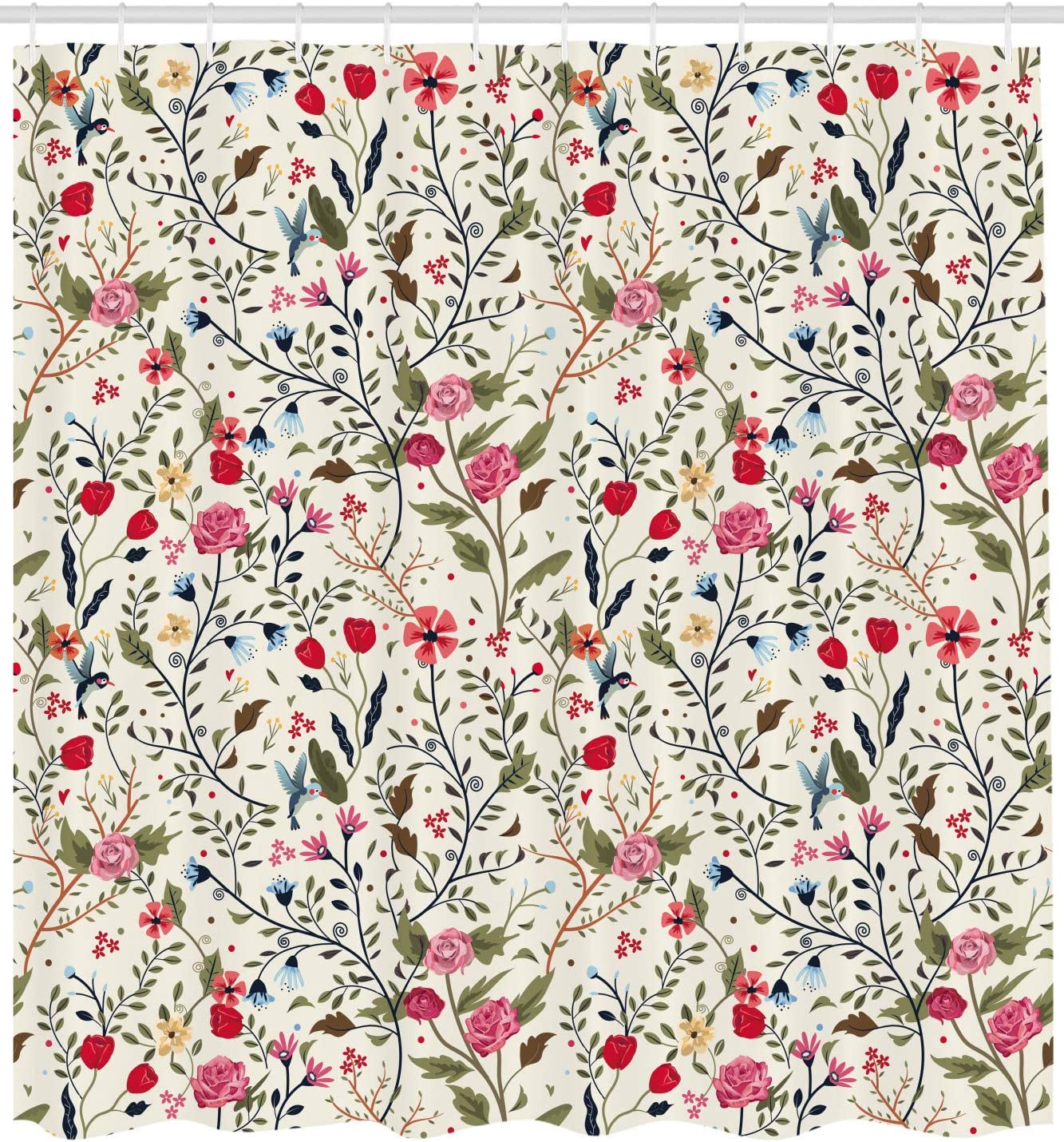 Vibrant Colored Complex Image Birds And Roses Shower Curtain, Leaves And Polka Dots Nature Scenery Bathroom Decors - Image 2