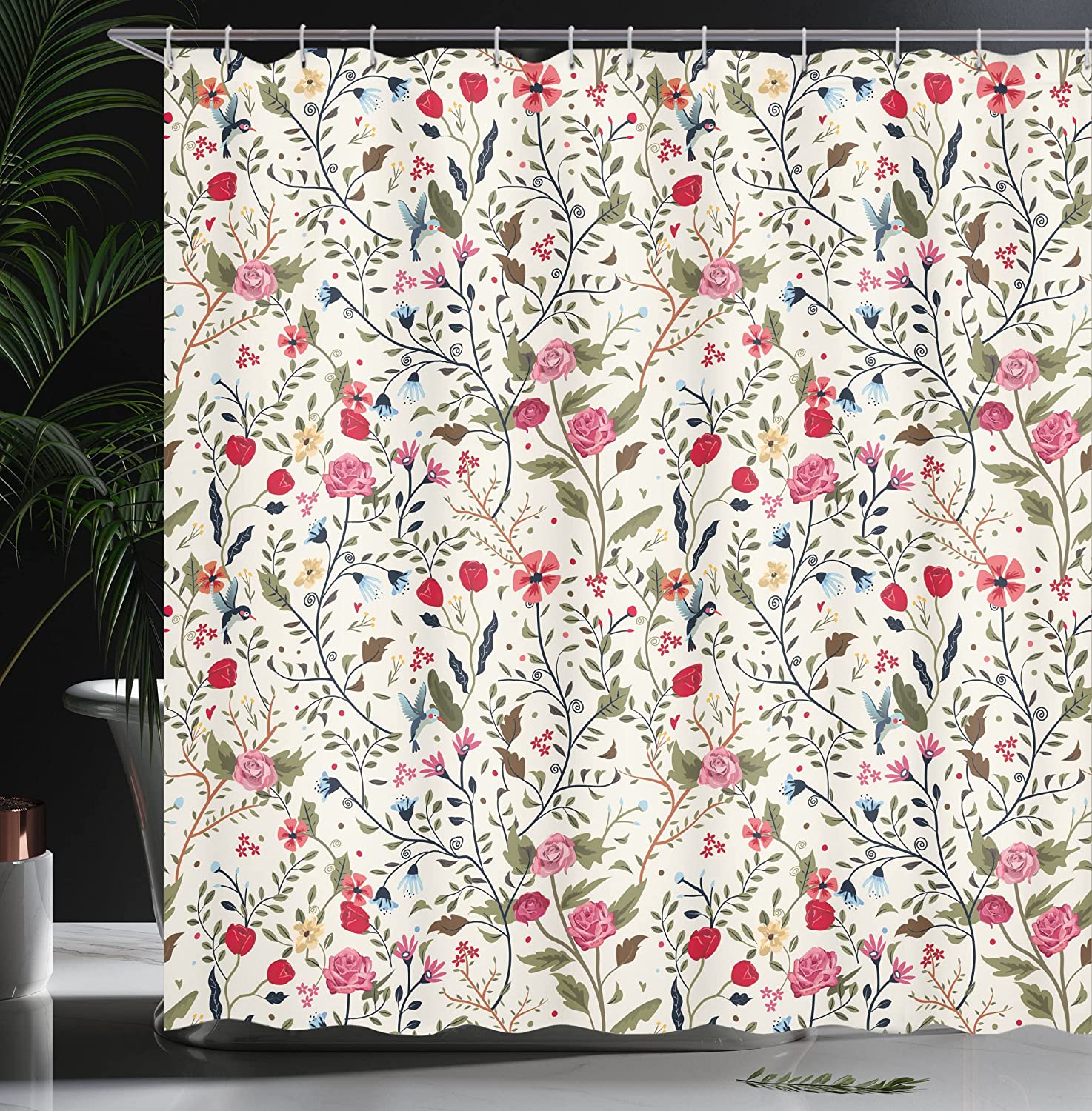 Vibrant Colored Complex Image Birds And Roses Shower Curtain, Leaves And Polka Dots Nature Scenery Bathroom Decors - Image 3