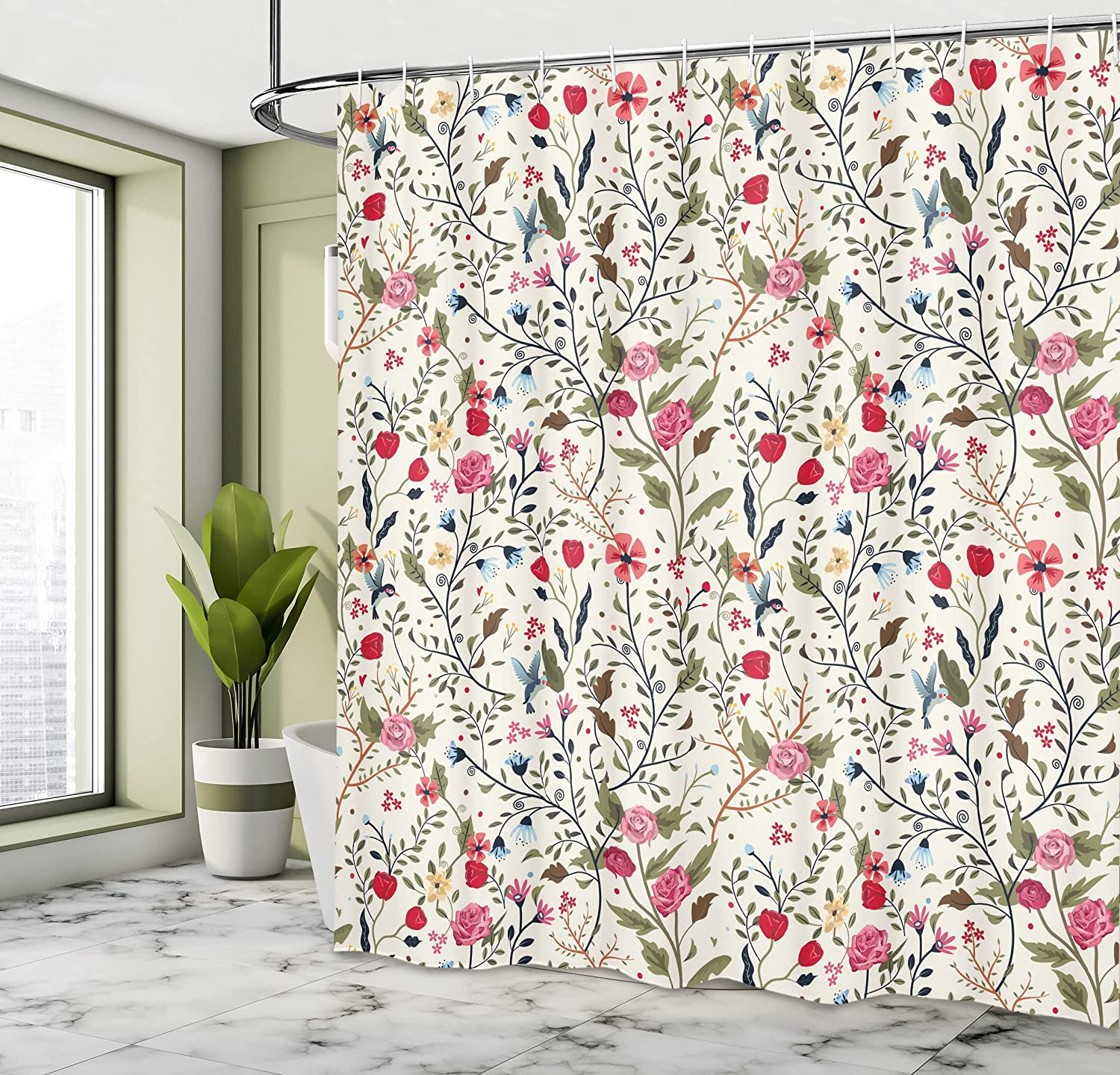 Vibrant Colored Complex Image Birds And Roses Shower Curtain, Leaves And Polka Dots Nature Scenery Bathroom Decors - Image 4
