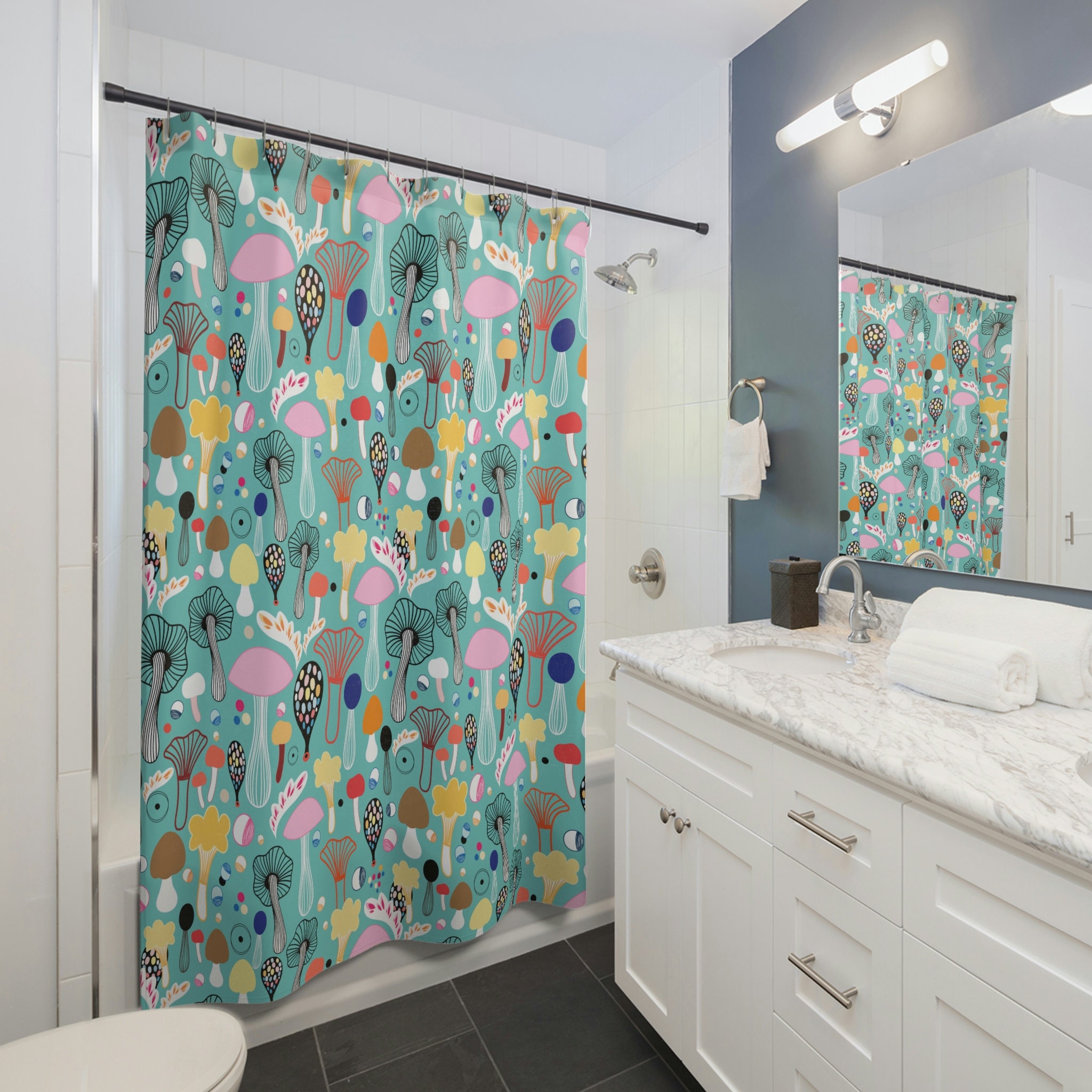 Vibrant Colorful Mushrooms Print Shower Curtain For Unique Bathroom Decor