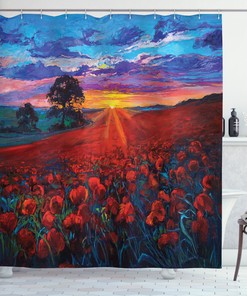 Vibrant Colorful Poppy Flower Garden Print Shower Curtain For Cheerful Bathroom Decor
