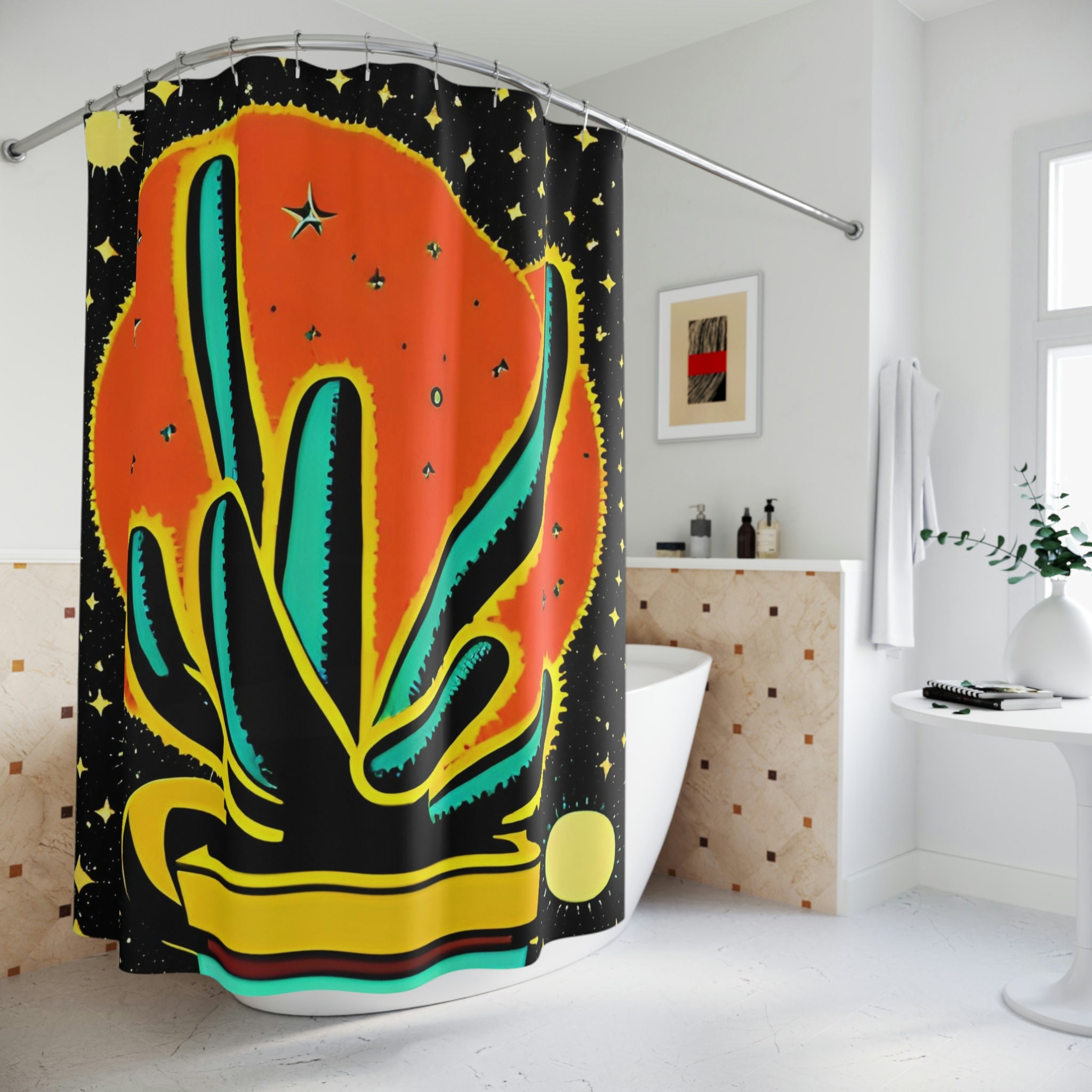 Vibrant Colors With Cactus & Flowers Shower Curtain Ai Art Print - Perfect For Abstract Art And Modern Bathroom Decor