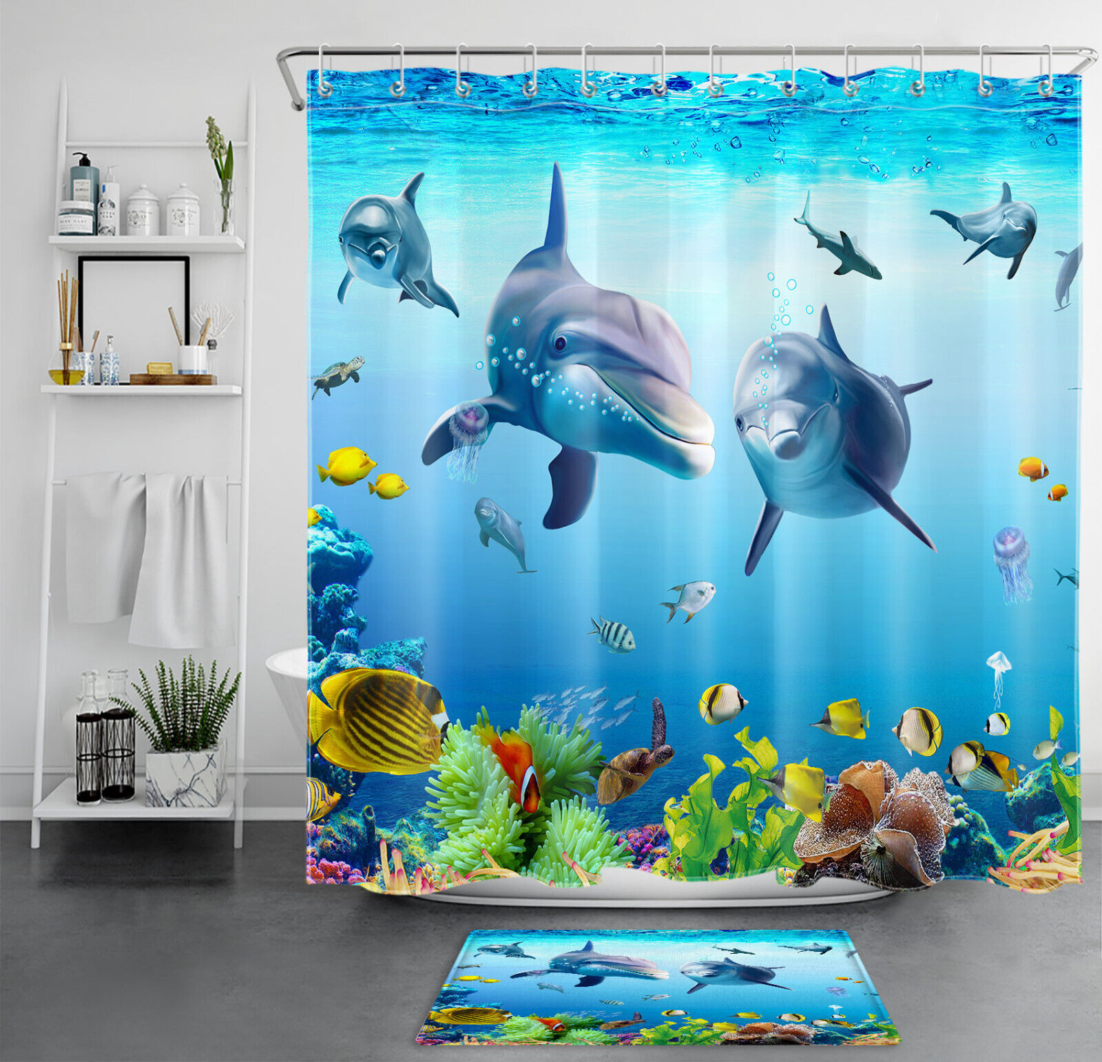 Vibrant Dolphin & Fish Shower Curtain Set - The Perfect Bathroom Accessory