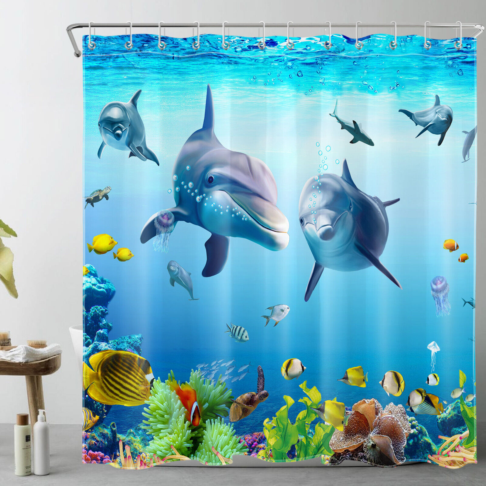 Vibrant Dolphin & Fish Shower Curtain Set - The Perfect Bathroom Accessory