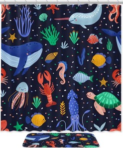 Vibrant Dolphin Shell Octopus Shower Curtain - Waterproof Fabric Bathroom Curtain