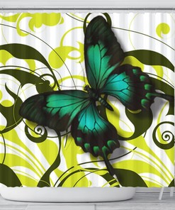 Vibrant Emerald Butterfly Shower Curtain, Nature-Inspired Bathroom Decorr