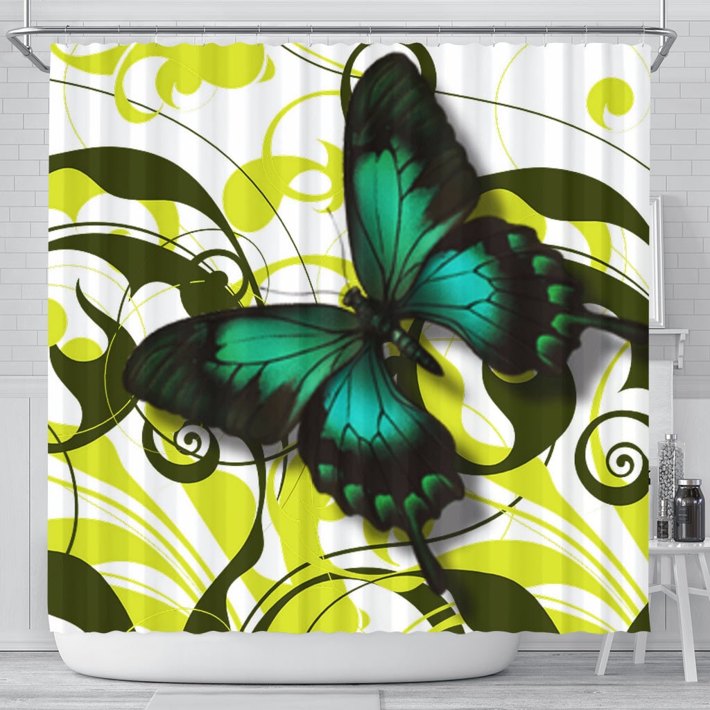 Vibrant Emerald Butterfly Shower Curtain, Nature-Inspired Bathroom Decorr