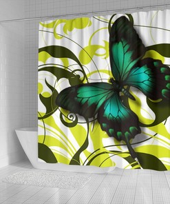 Vibrant Emerald Butterfly Shower Curtain, Nature-Inspired Bathroom Decorr