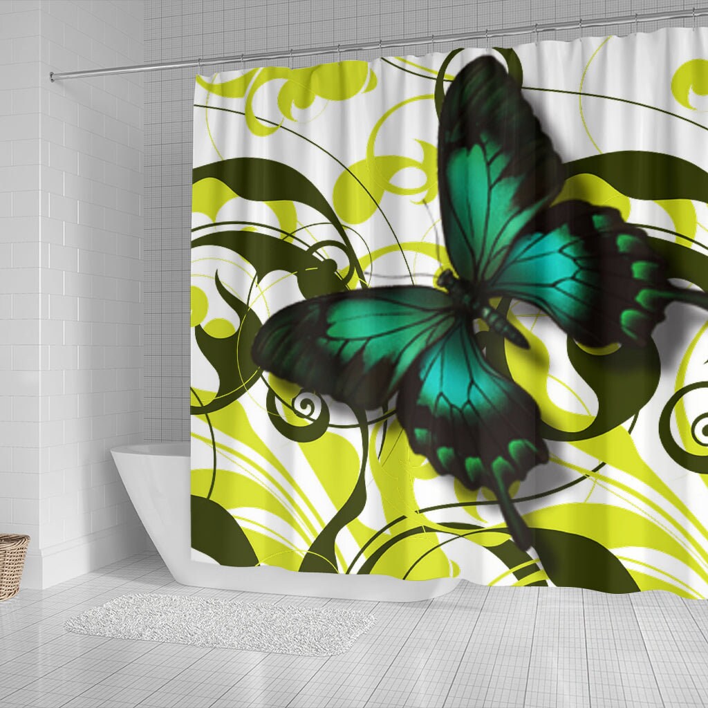 Vibrant Emerald Butterfly Shower Curtain, Nature-Inspired Bathroom Decorr