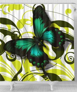 Vibrant Emerald Butterfly Shower Curtain, Nature-Inspired Bathroom Decorr