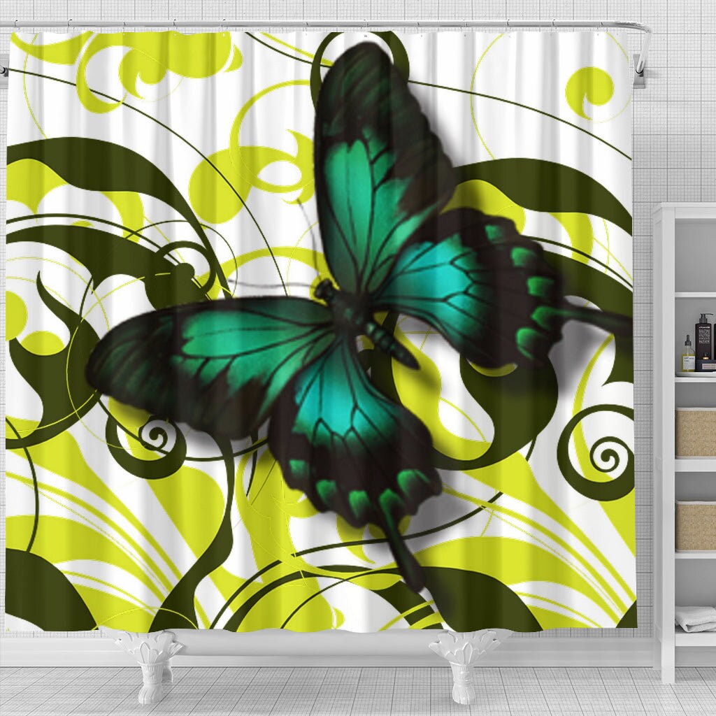 Vibrant Emerald Butterfly Shower Curtain, Nature-Inspired Bathroom Decorr
