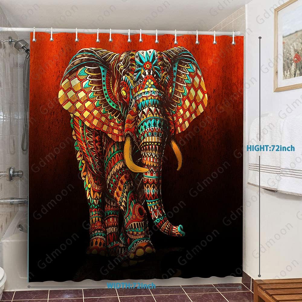 Vibrant Floral Elephant Shower Curtain, Tribal African Wildlife Bohemian Bathroom Decor