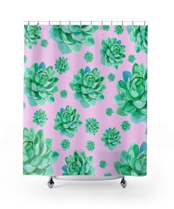 Vibrant Green Succulent Shower Curtain On Pink Background For Nature-Inspired Bathroom Decor