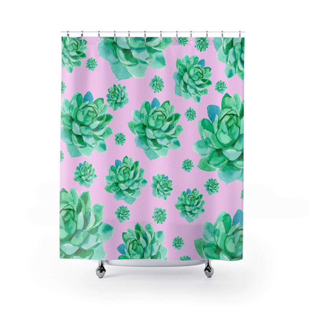 Vibrant Green Succulent Shower Curtain On Pink Background For Nature-Inspired Bathroom Decor