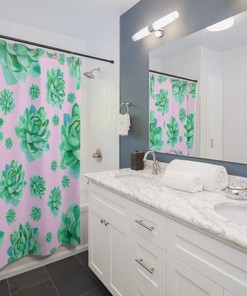 Vibrant Green Succulent Shower Curtain On Pink Background For Nature-Inspired Bathroom Decor