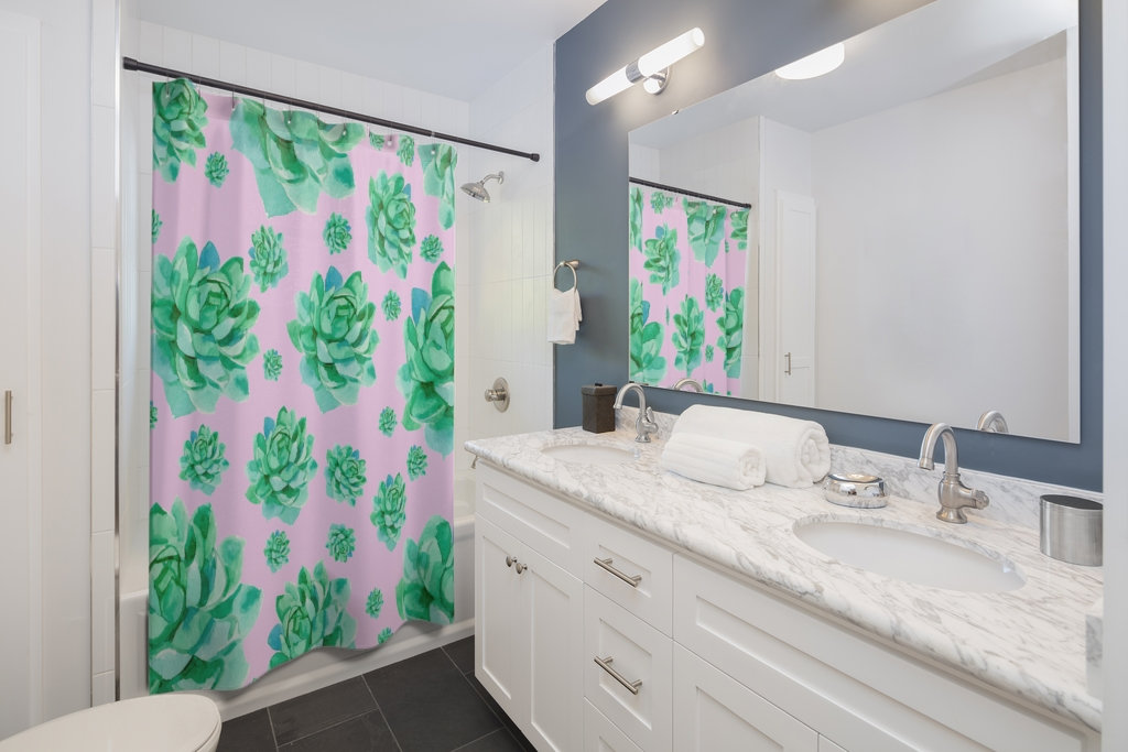 Vibrant Green Succulent Shower Curtain On Pink Background For Nature-Inspired Bathroom Decor