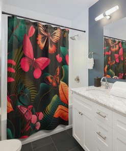 Vibrant Jungle Bath Curtain With Butterflies And Tropical Flowers Print