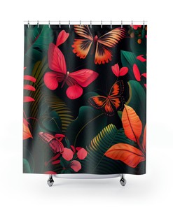 Vibrant Jungle Bath Curtain With Butterflies And Tropical Flowers Print