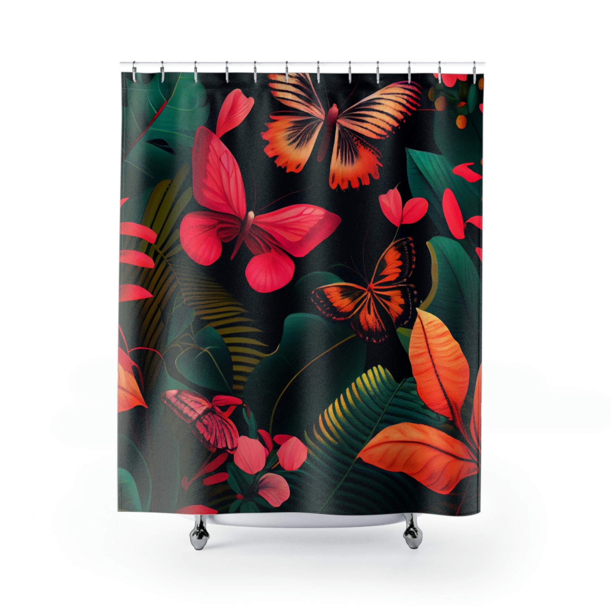 Vibrant Jungle Bath Curtain With Butterflies And Tropical Flowers Print