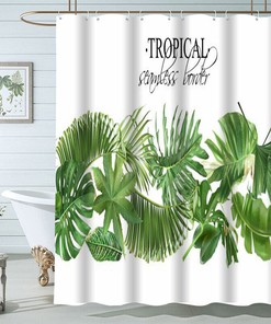 Vibrant Jungle Shower Curtain with Letters and Tropical Palm Leaves Print