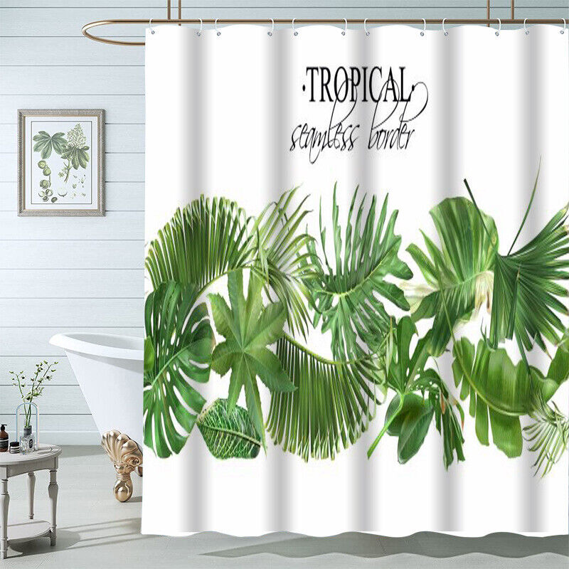 Vibrant Jungle Shower Curtain with Letters and Tropical Palm Leaves Print