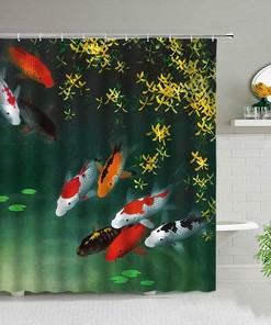 Vibrant Landscape Bath Screen with Koi Fish Print Shower Curtain, Waterproof Fabric Wall Decor Cloth Curtain